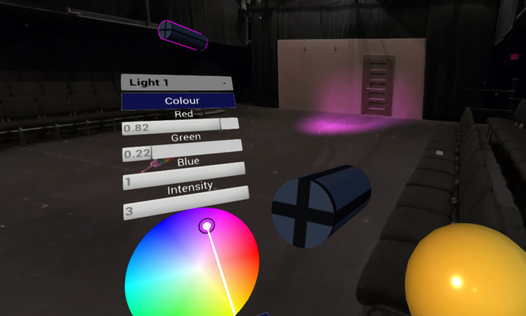 A colour wheel and sliders change light colours.