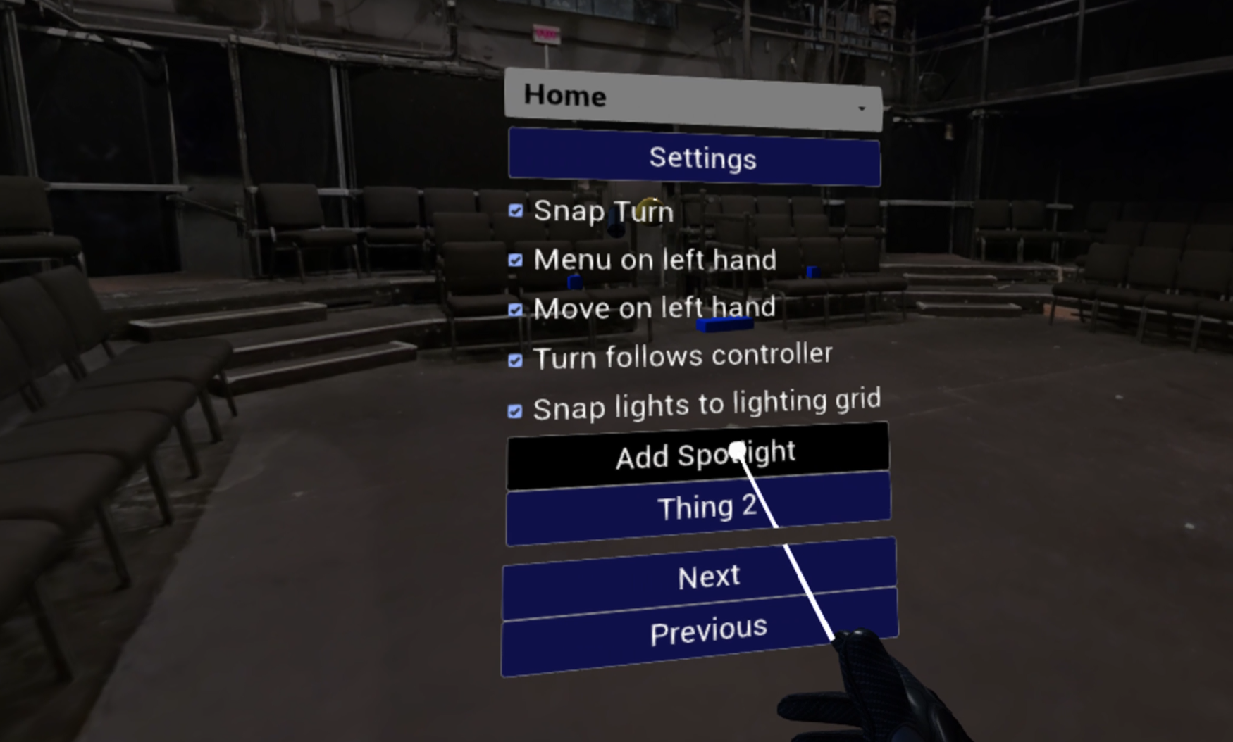 A popup menu controls settings and adds lights.
