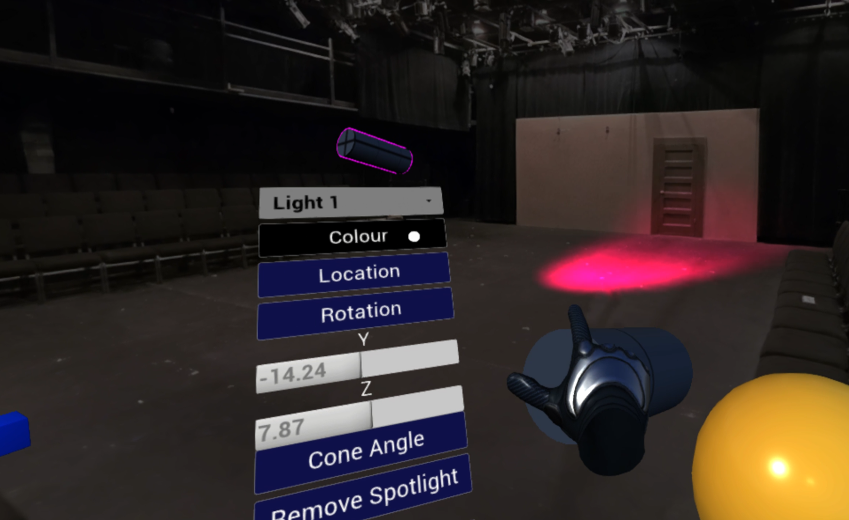 A rotating cylinder and sliders change the light angle.
