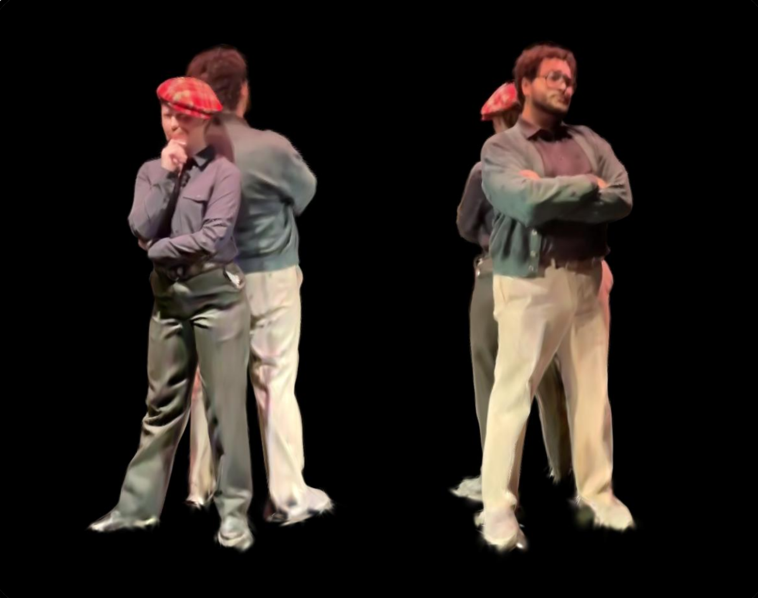 Two views of actors standing back-to-back is rendered using PGSR.